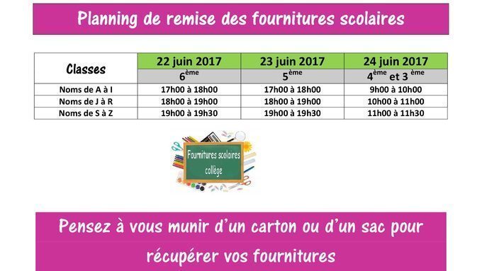 Planning remise des fournitures scolaires au collège